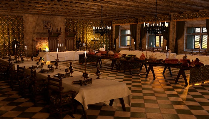 3D illustration medieval banquet hall interior